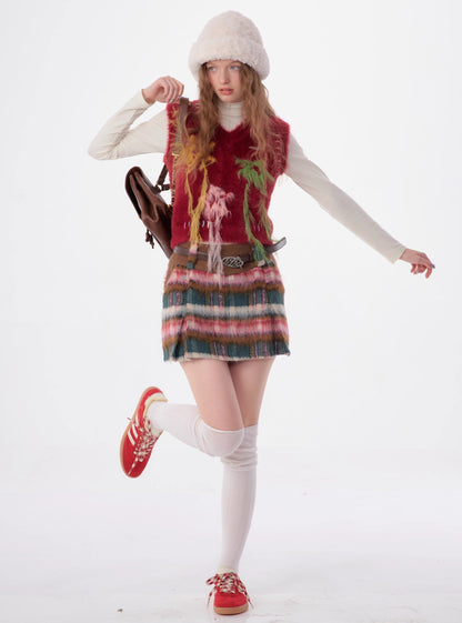 High-waisted thin red woolen tweed plaid short Skirt