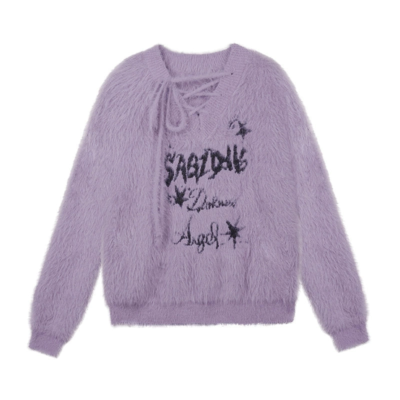 SagiDolls Girl's Fighting Spirit * Halloween Special Edition Samt lila Kaninchen Sweet Cool V-Neck Imitation Mink Fur Loose Sweater