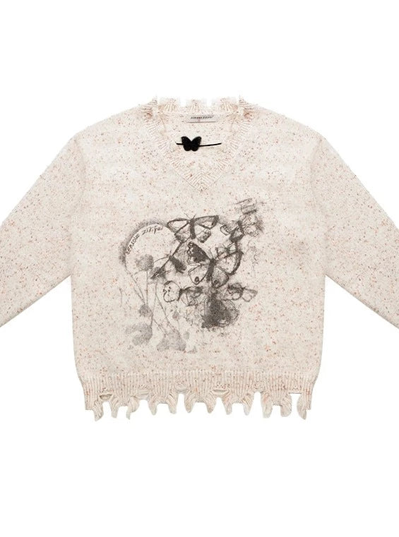 American butterfly print waxy V-neck sweater