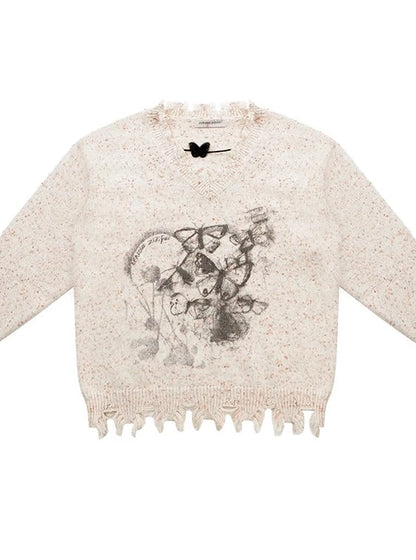 American butterfly print waxy V-neck sweater