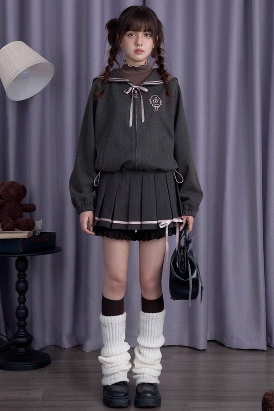 SagiDolls Girl's Fighting Spirit Sakurakai High School College Style Bow Sailor Collar Jacket Short Skirt Looks Thin and Thick