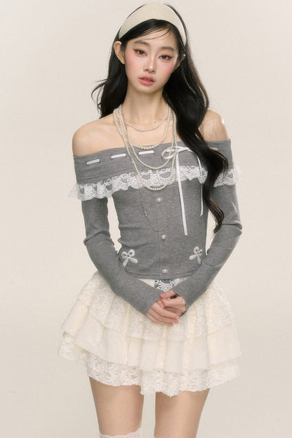 [26. September 20 Uhr Verkauf] less eye camellia rime one-shoulder lace long-sleeved T-shirt women's early autumn