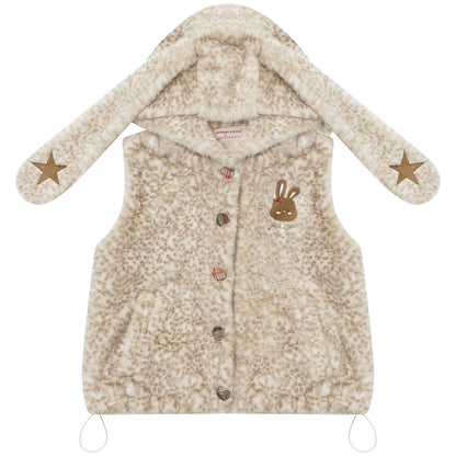 Black Leather Rabbit Hooded Vest Jacket