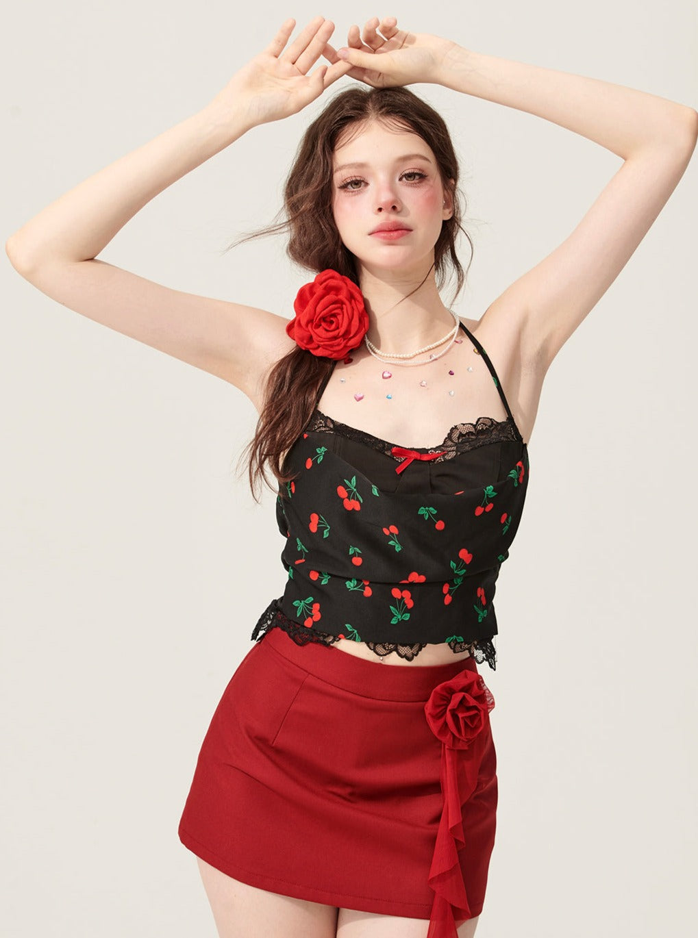 Red Tea Rose Halterneck Black T-Shirt