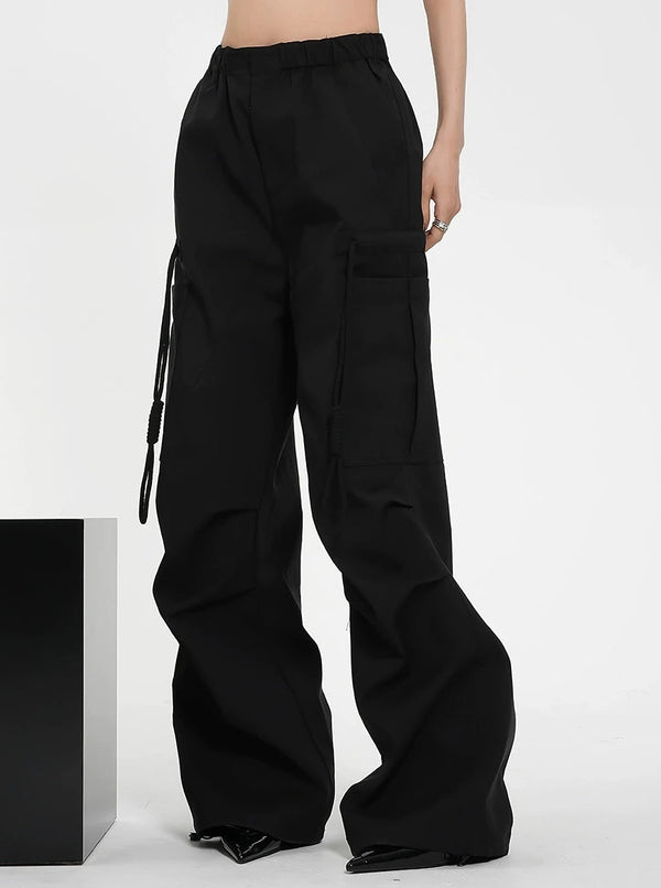 Drawstring Black Wide Leg Pants