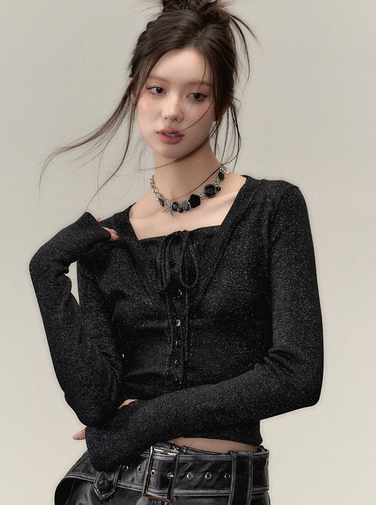 Fake two collarbone knit sweater