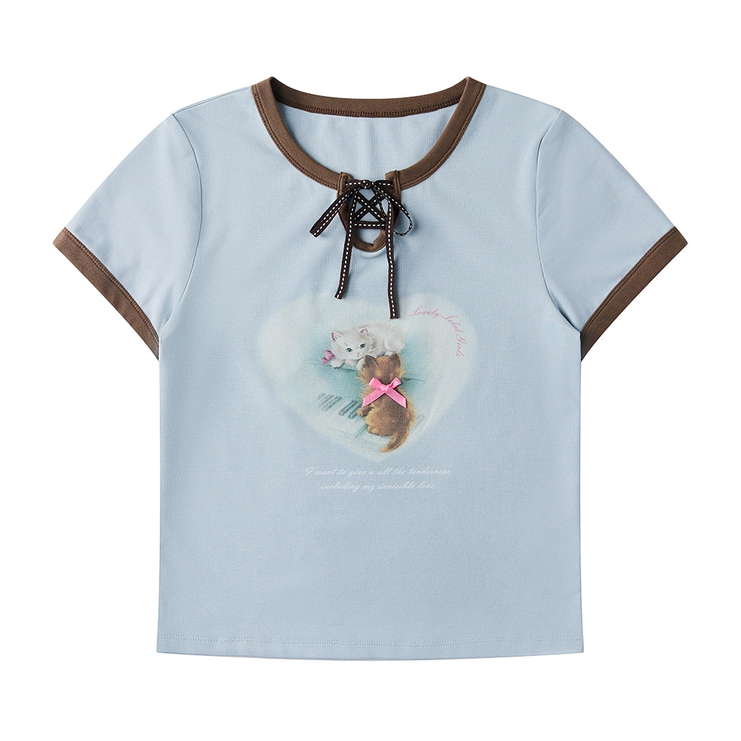 Love Kitten Bow Kurzarm T-Shirt