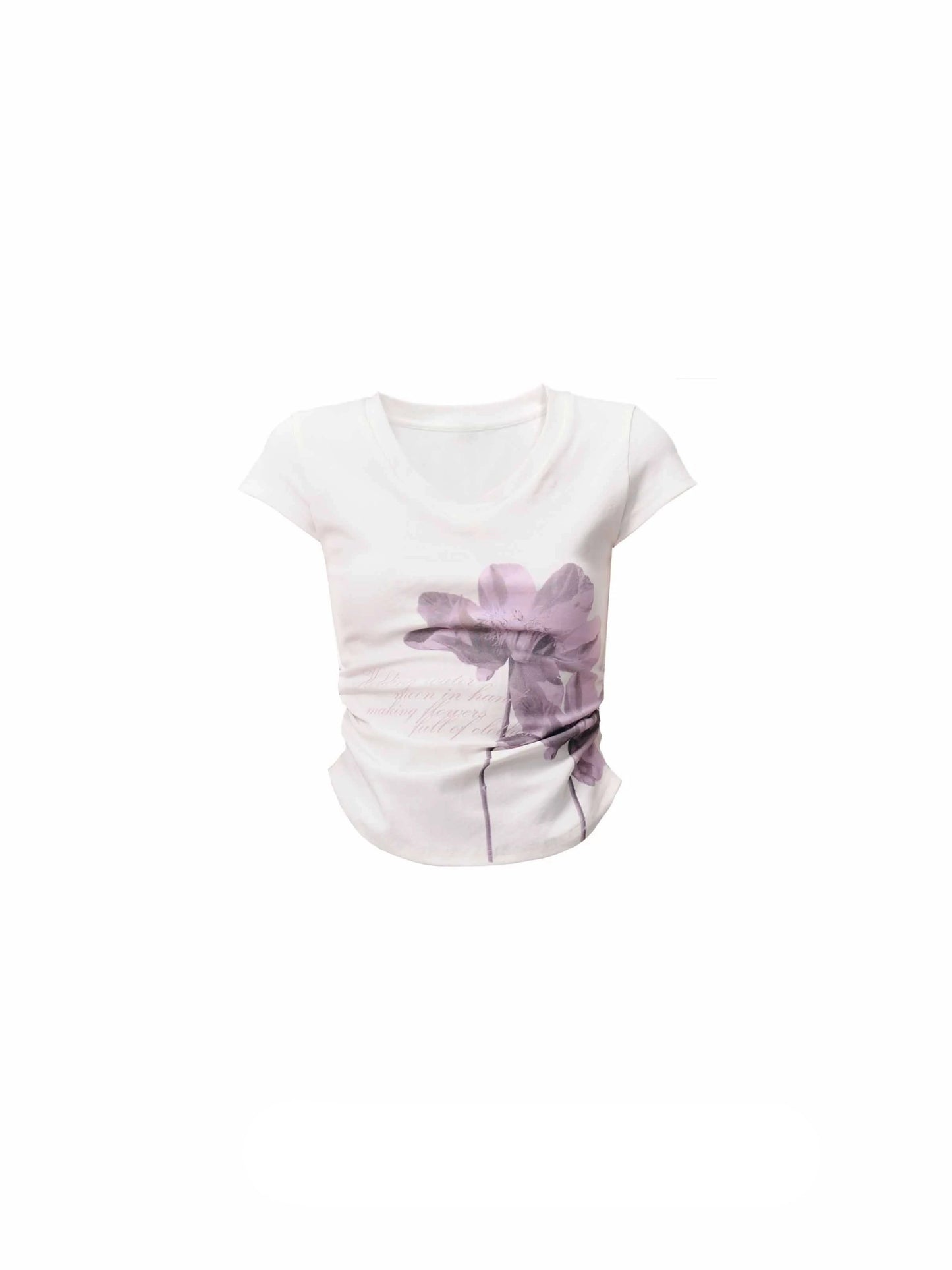 [Spot] fragile store - Floral Lily print V-Ausschnitt trim top geraffte slim T-Shirt mit kurzen Ärmeln