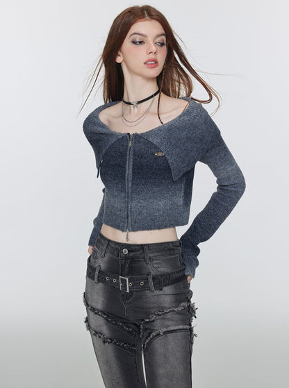 One-Shoulder Gradient Cropped Knit Long-sleeved Top