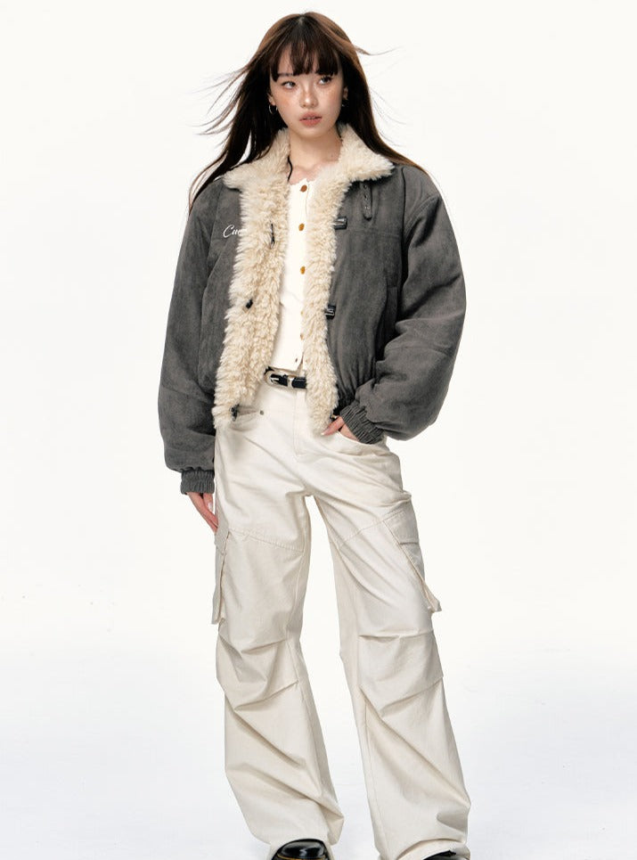 Cropped Thick Suede Imitation Lambswool Jacket