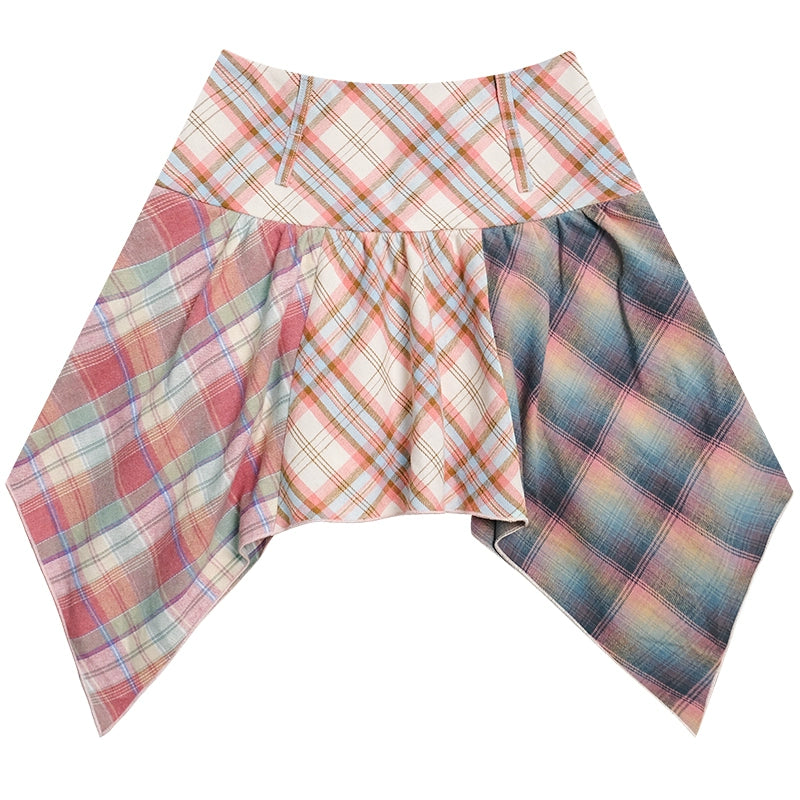 Contrast Stitching Pink Plaid Skirt