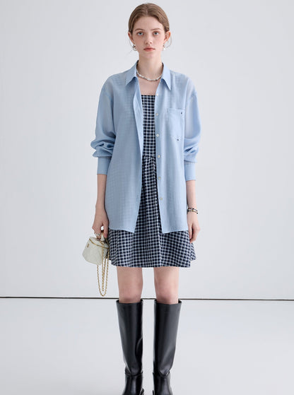 Vintage Blue Shirt With Contrast Check A-Line Dress Set-Up