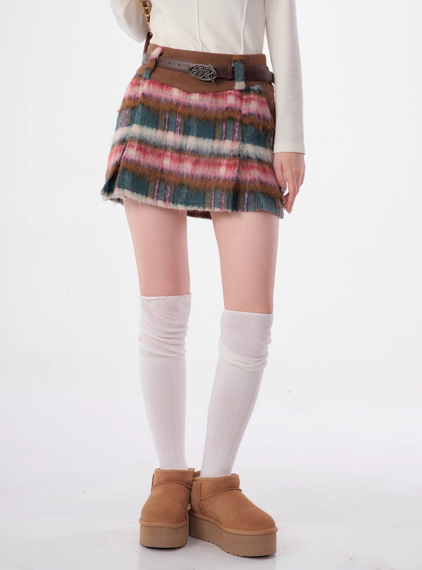 High-waisted thin red woolen tweed plaid short Skirt