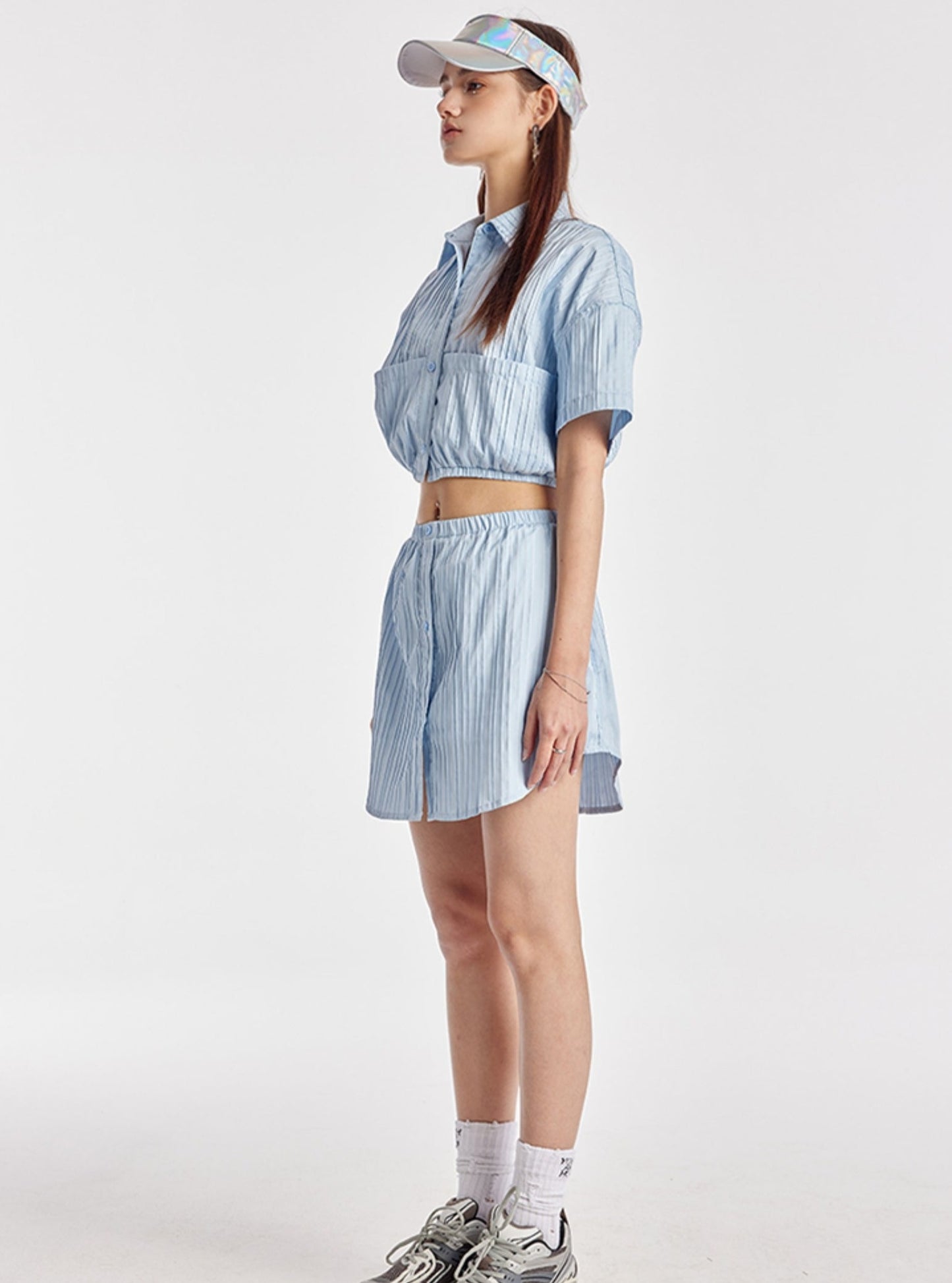 Sky Blue Elasticated Crop Shirt With Simple Skirt Set-Up