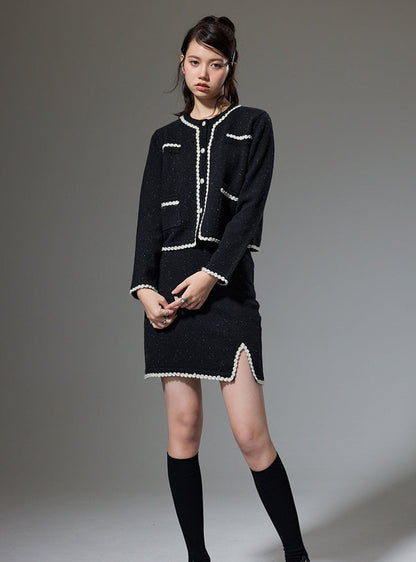 Long Sleeve Knitted Jacket With High Waist Skirt Set