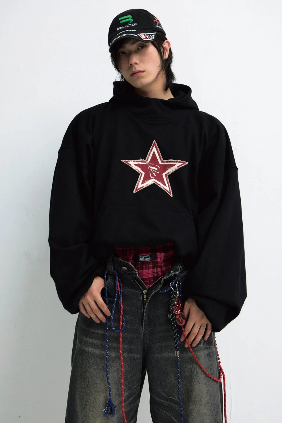 Loose Black Star Embroidered Hoodie Top