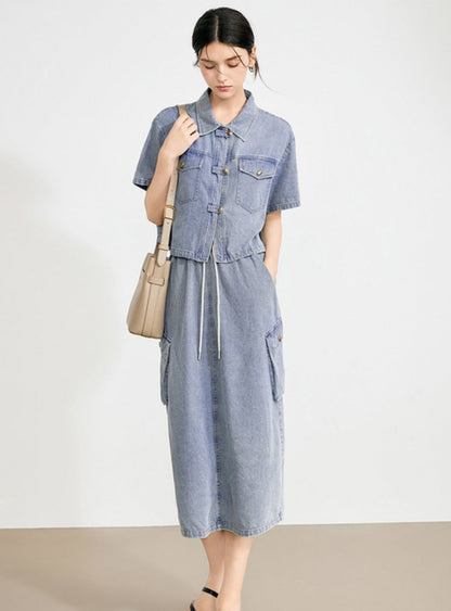 Chinese Denim Shirt Skirt Set