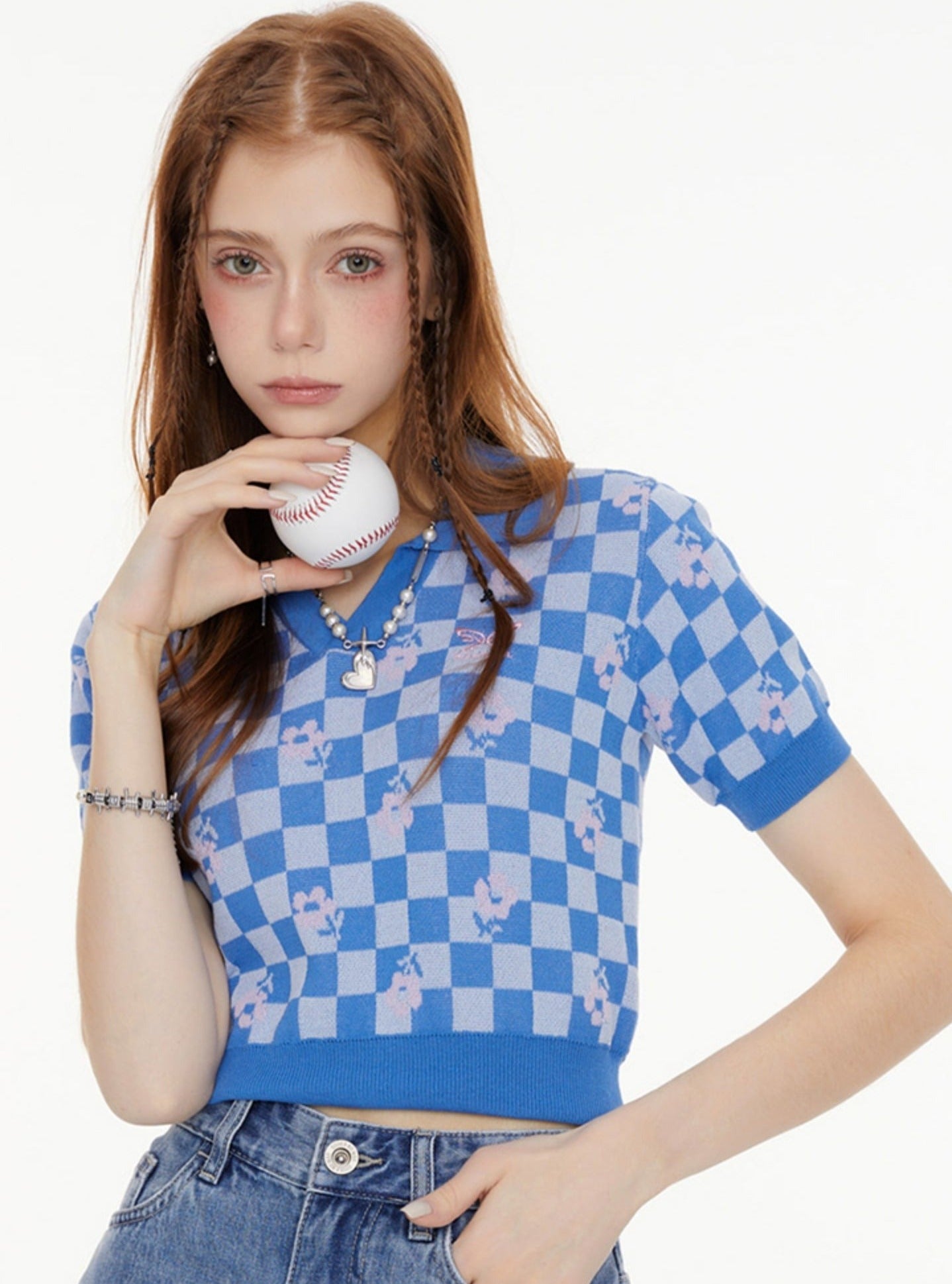 Blue Checkerboard Short Sleeve Polo Shirt