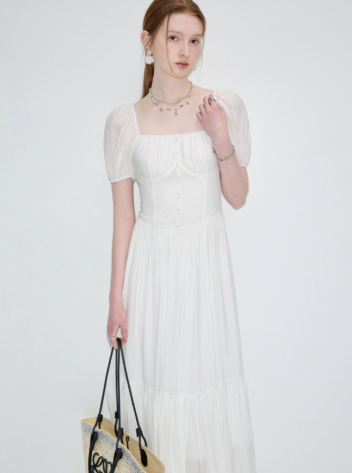 White Puff Sleeve Square Neck Long Dress