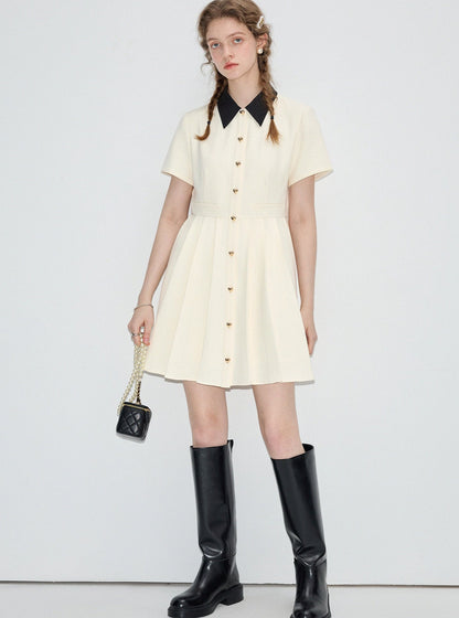 French Style Contrast Polo Pleated Dress