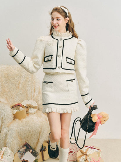 Wool puff sleeve jacket skirt set