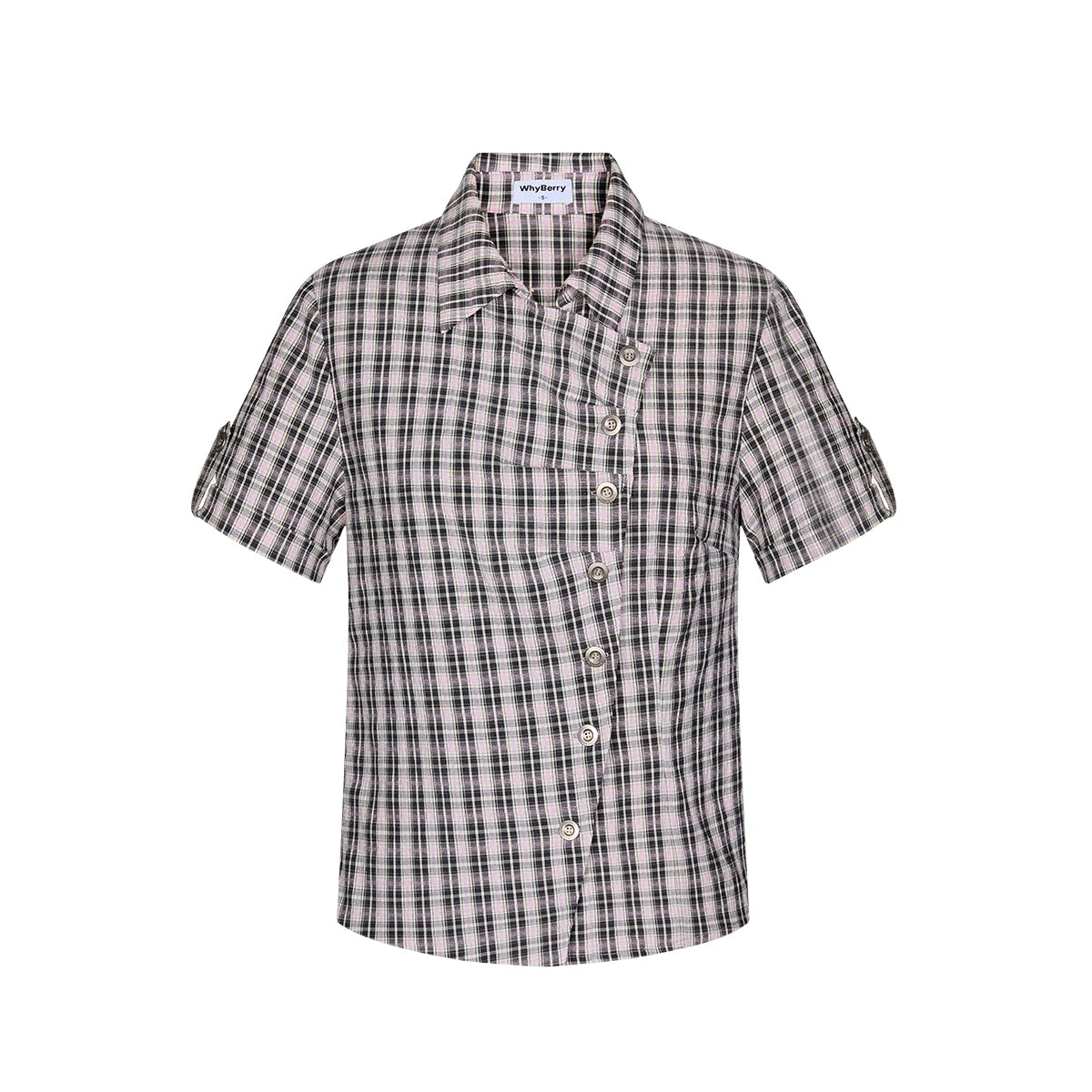 Diagonal Placket Plaid Blouse