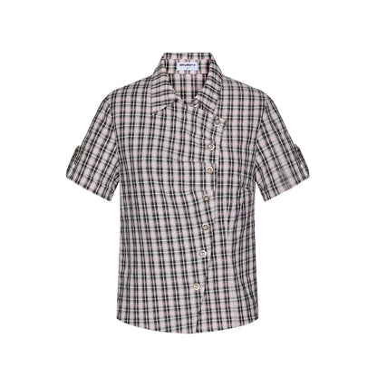 Diagonal Placket Plaid Blouse