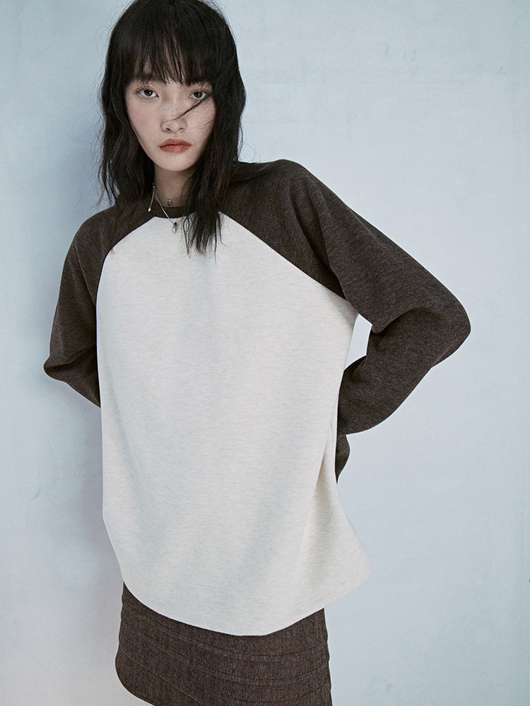 Coffee contrasting raglan sleeves top