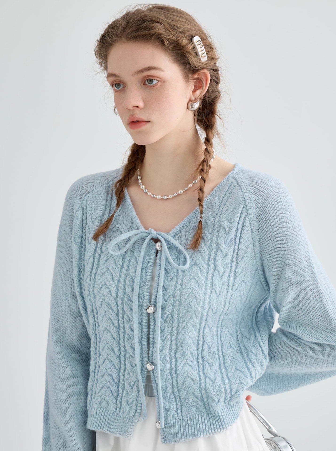 lace-up wool knitted cardigan top