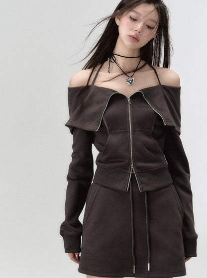 One-Shoulder Riemchen-Taschenkordelstring-Rock-Set