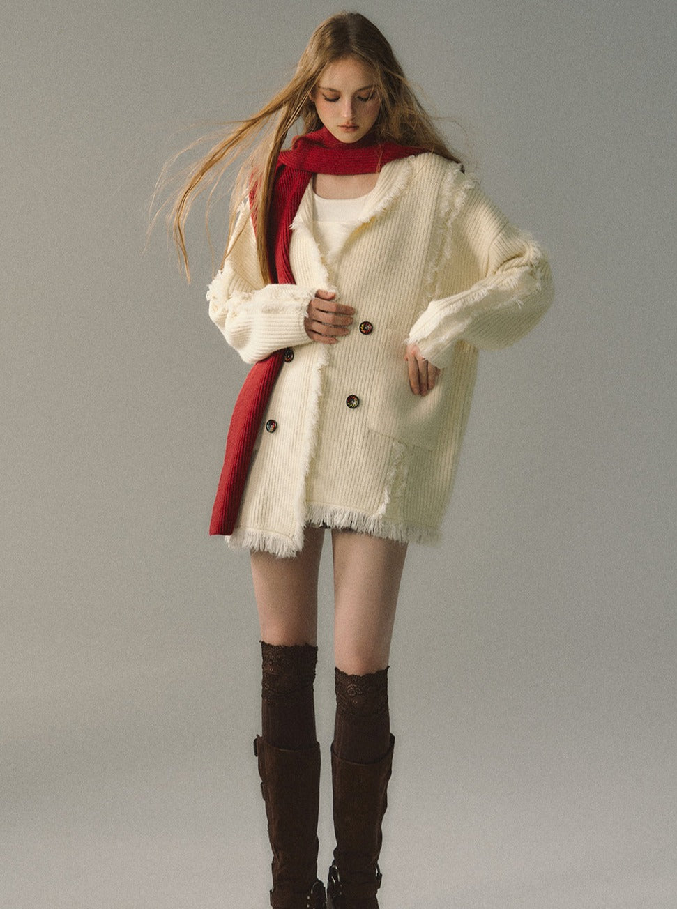 Mid-length hooded detachable knitted coat