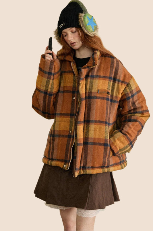 EZEK American Retro Plaid Stand Collar Down Cotton Jacket Women's Autumn and Winter New Loose Warm Bread Jacket Contrast Jacket