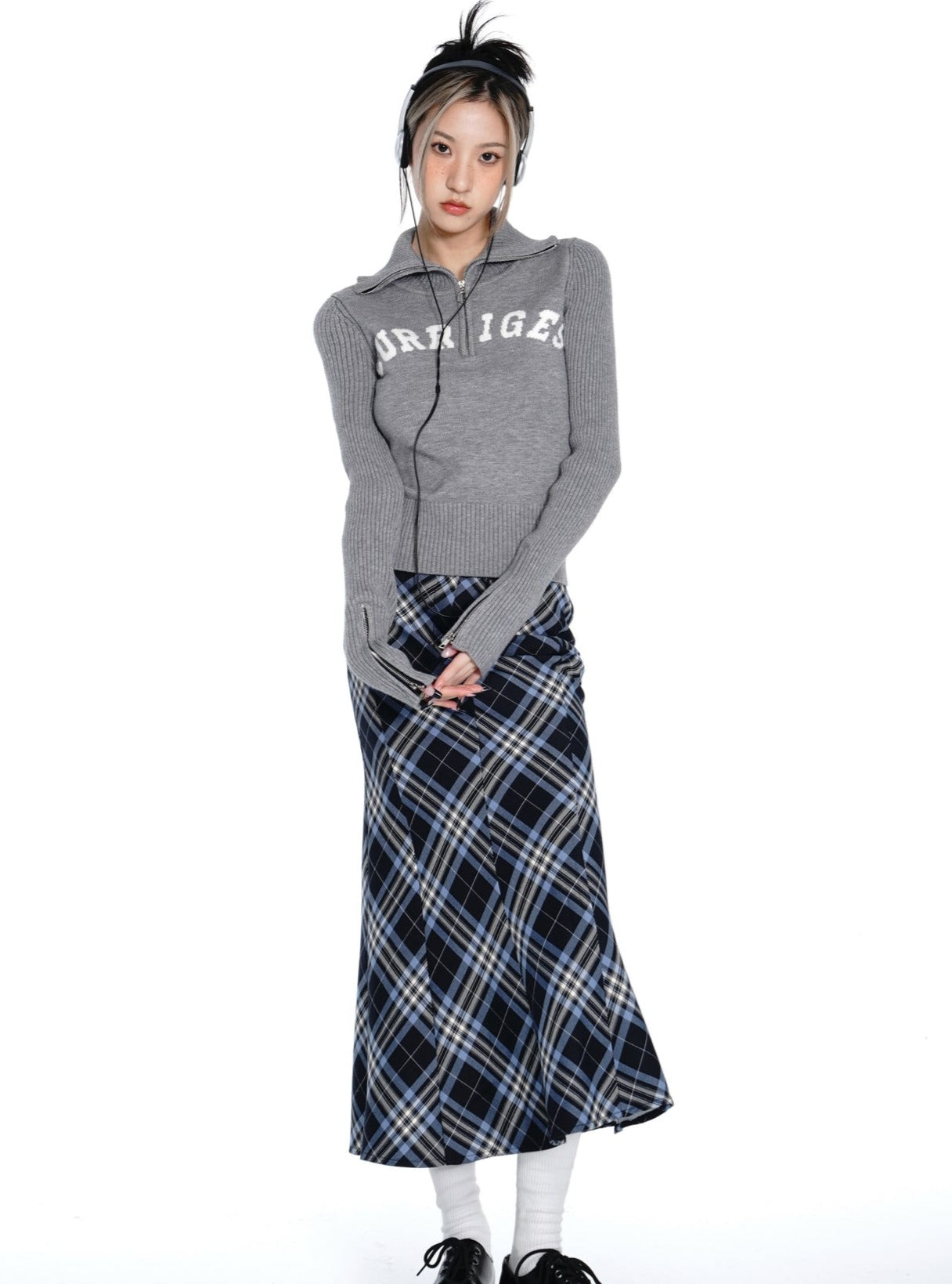 Retro Plaid Fishtail Long Skirt