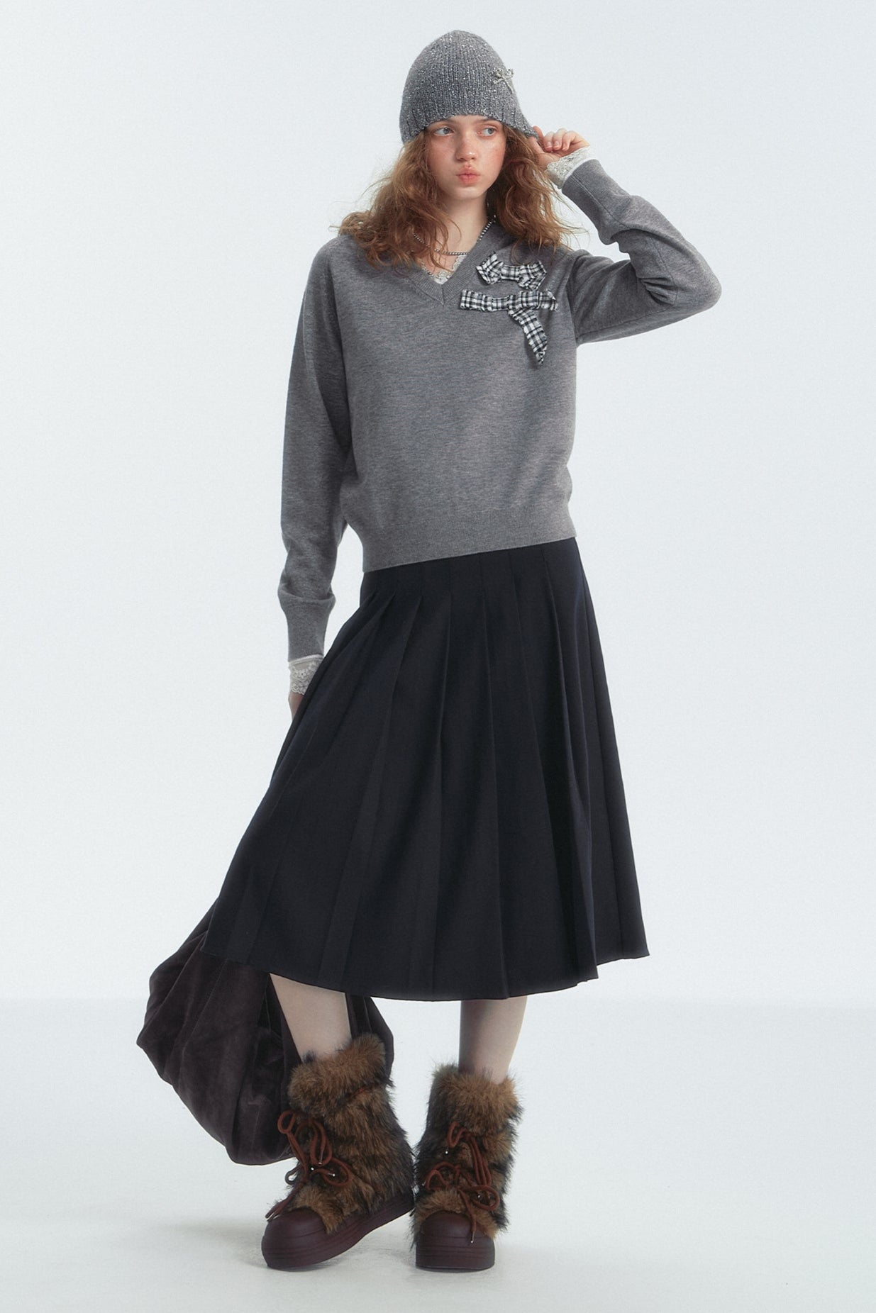 Bow Detail Checked V-Neck Jumper