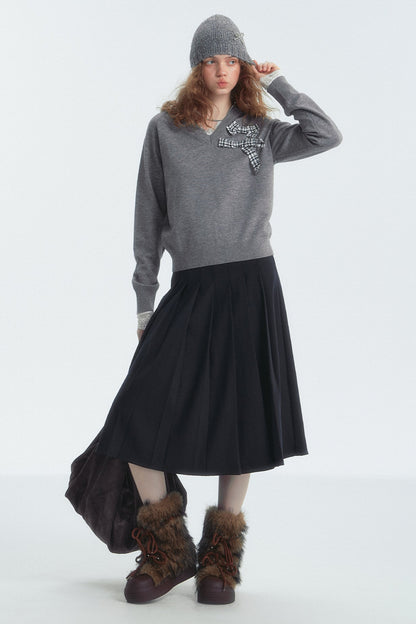 Bow Detail Checked V-Neck Jumper