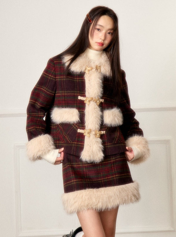 Deep Jujube Plaid Suit Short Skirt Set