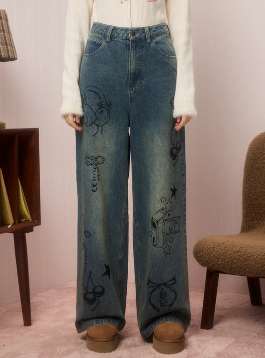 straight-leg hand-painted jeans pants