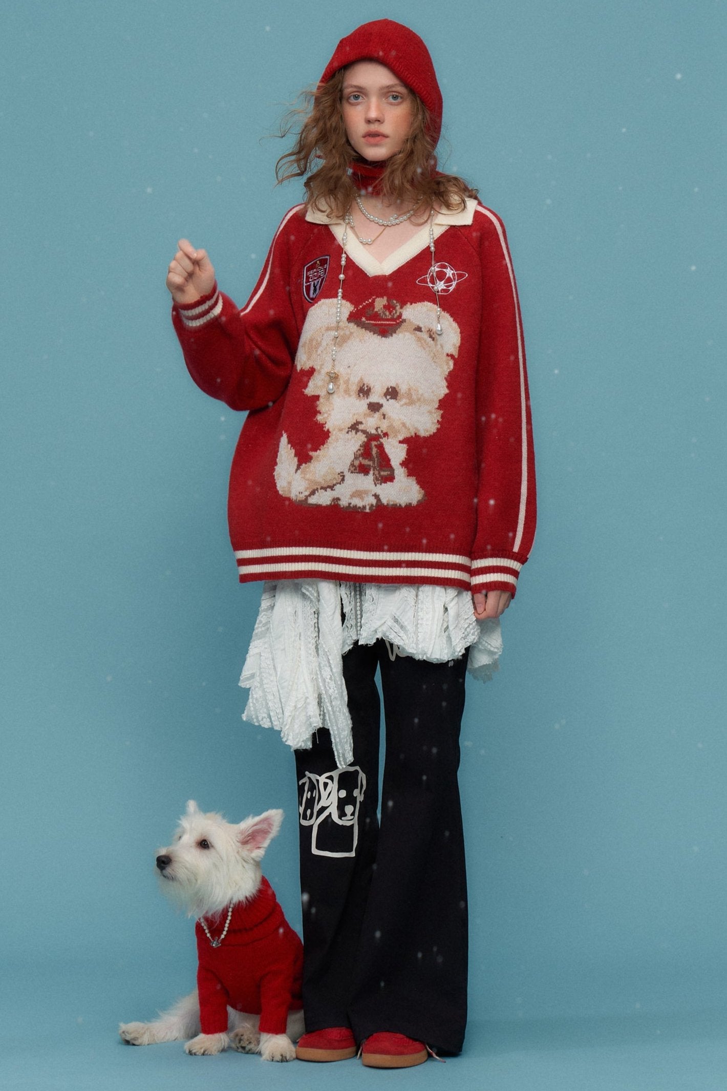 ziziFei autumn and winter american retro design sense poloV neck red shirt christmas sports style dog sweater women