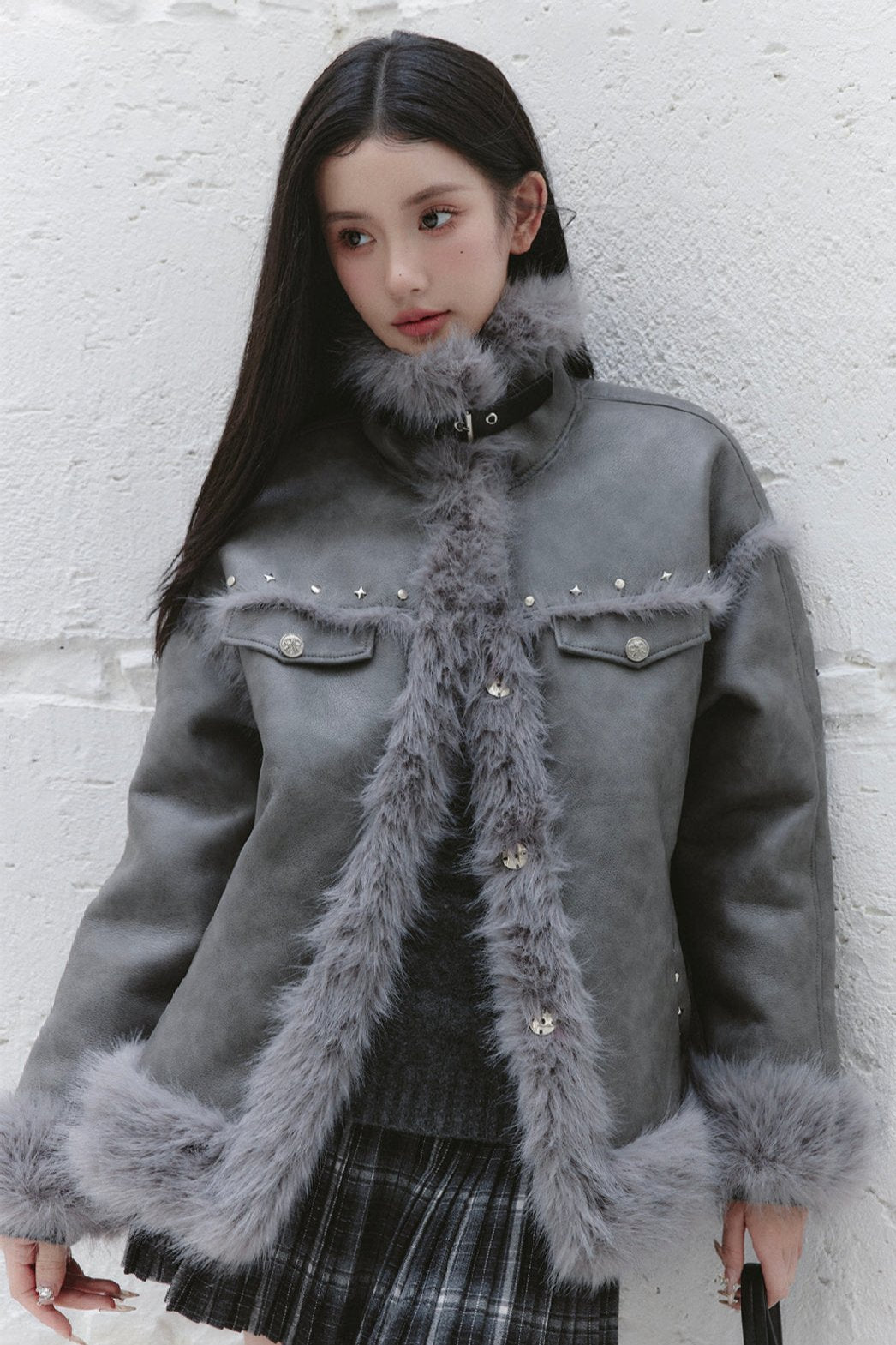 Gray Korean Versatile FUR JACKET