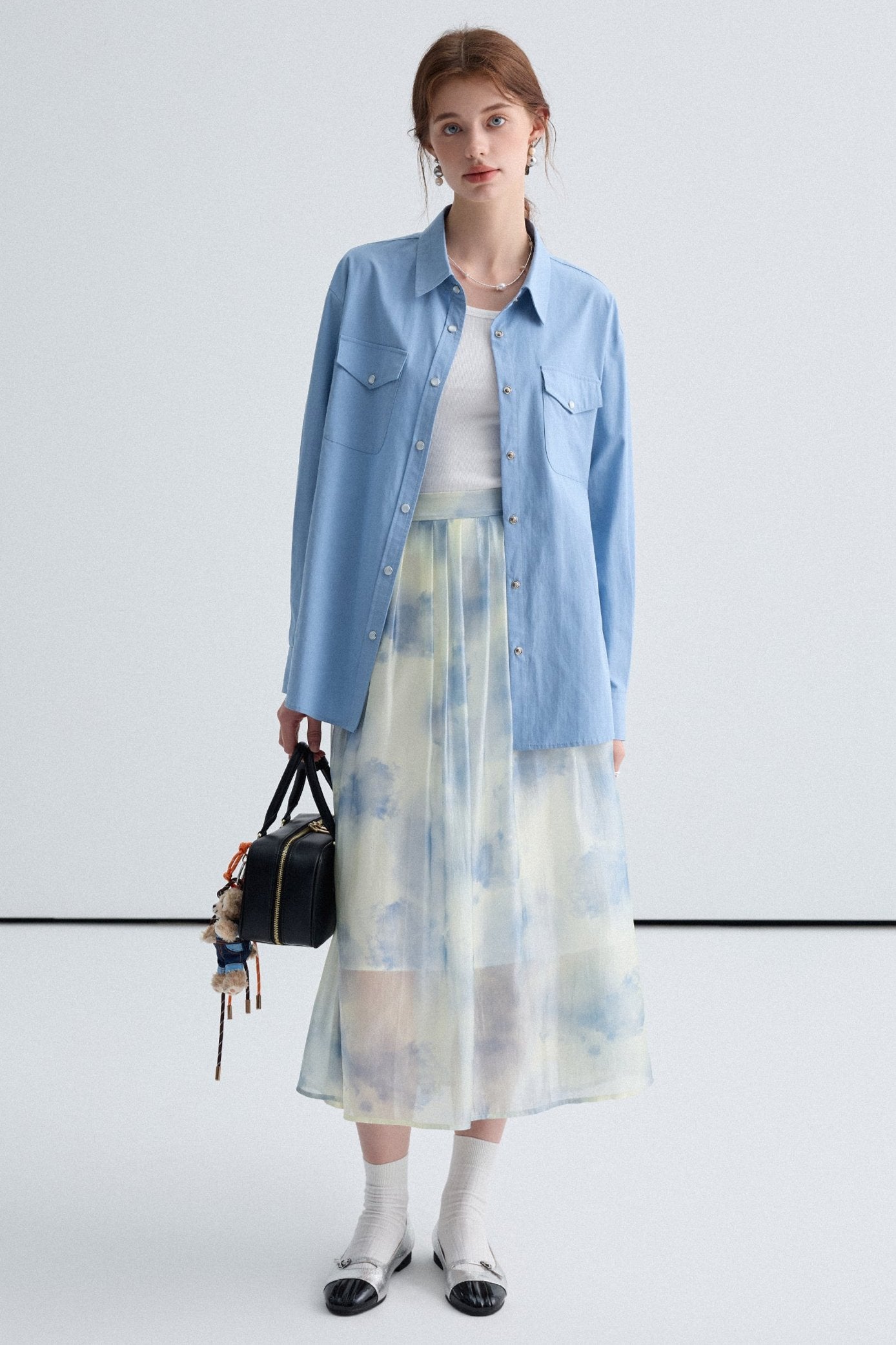 Blend Flowing Light Skirt With Blue Shirt Set-Up