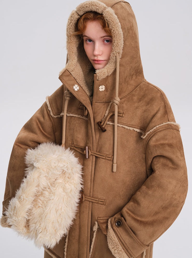 Suede hooded long lambswool coat