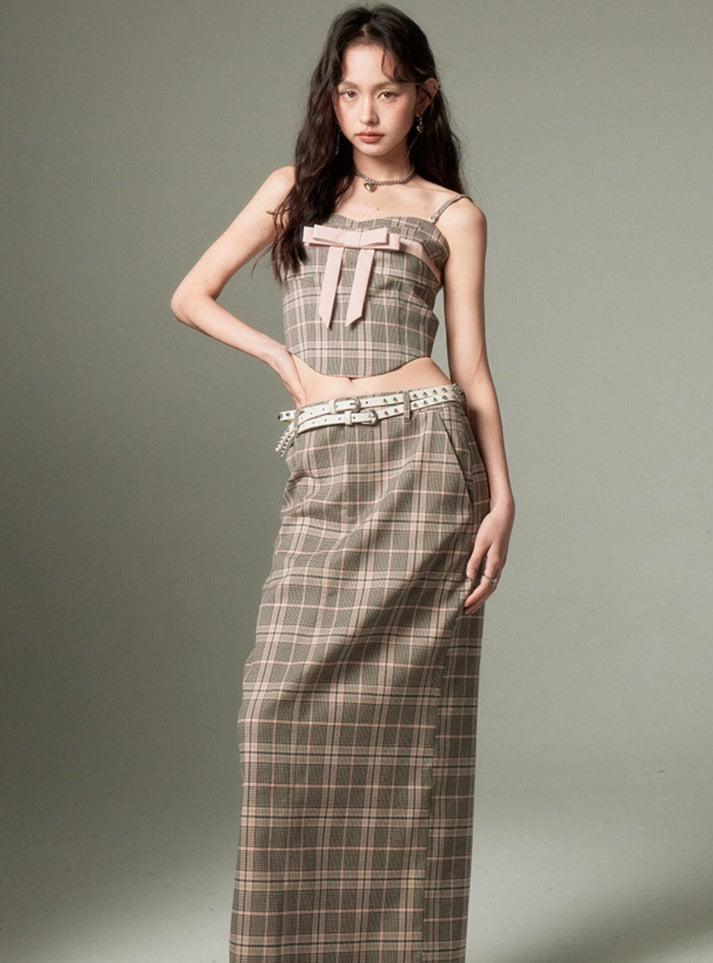 CHECKED SUSPENDER WITH LONG SKIRT SET