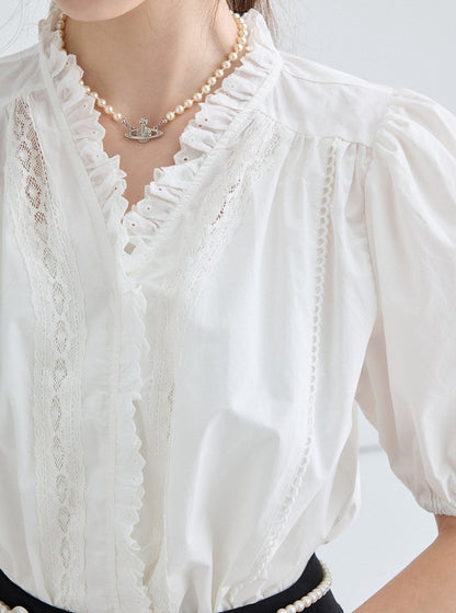 Summer Vintage Lace Collar Shirt