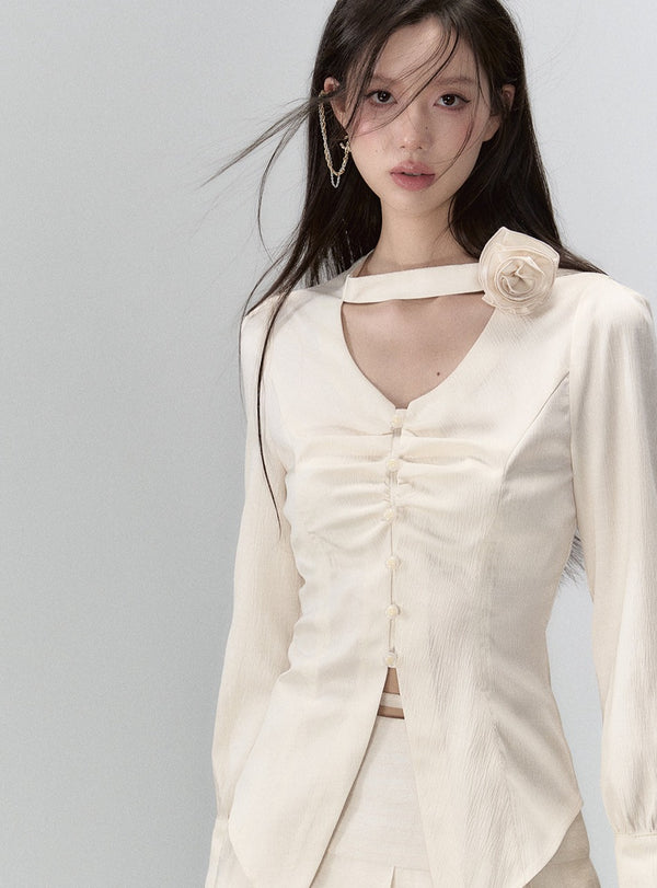 Drape V-neck long sleeve shirt and Skirt set