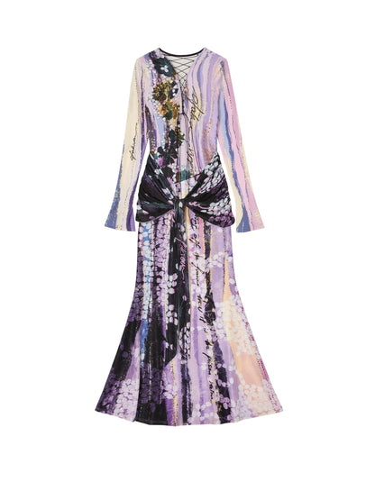 Lotus Print Fake Two-Piece Mermaid Dress