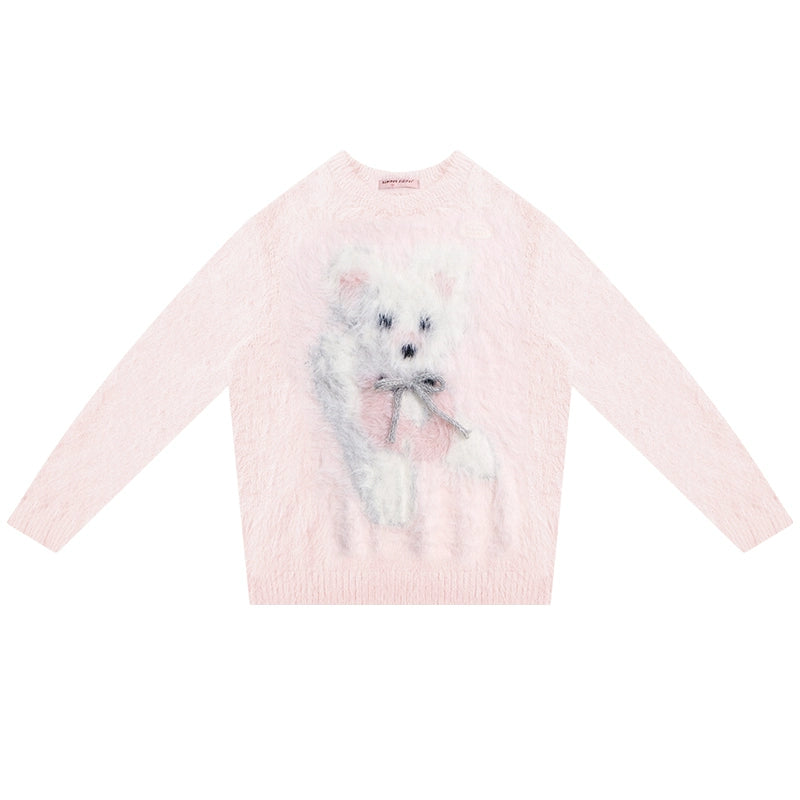 Plush Dog Print Pink Knit Top