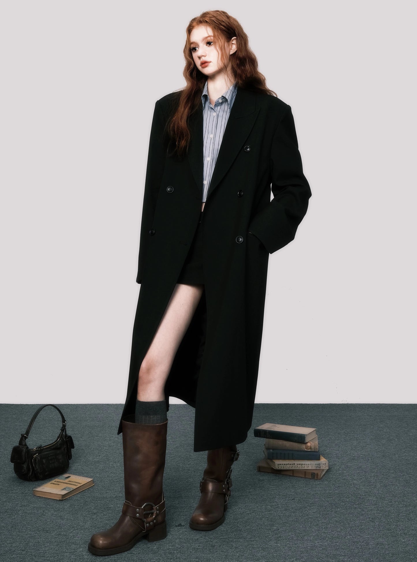 Long double-breasted worsted blazer coat