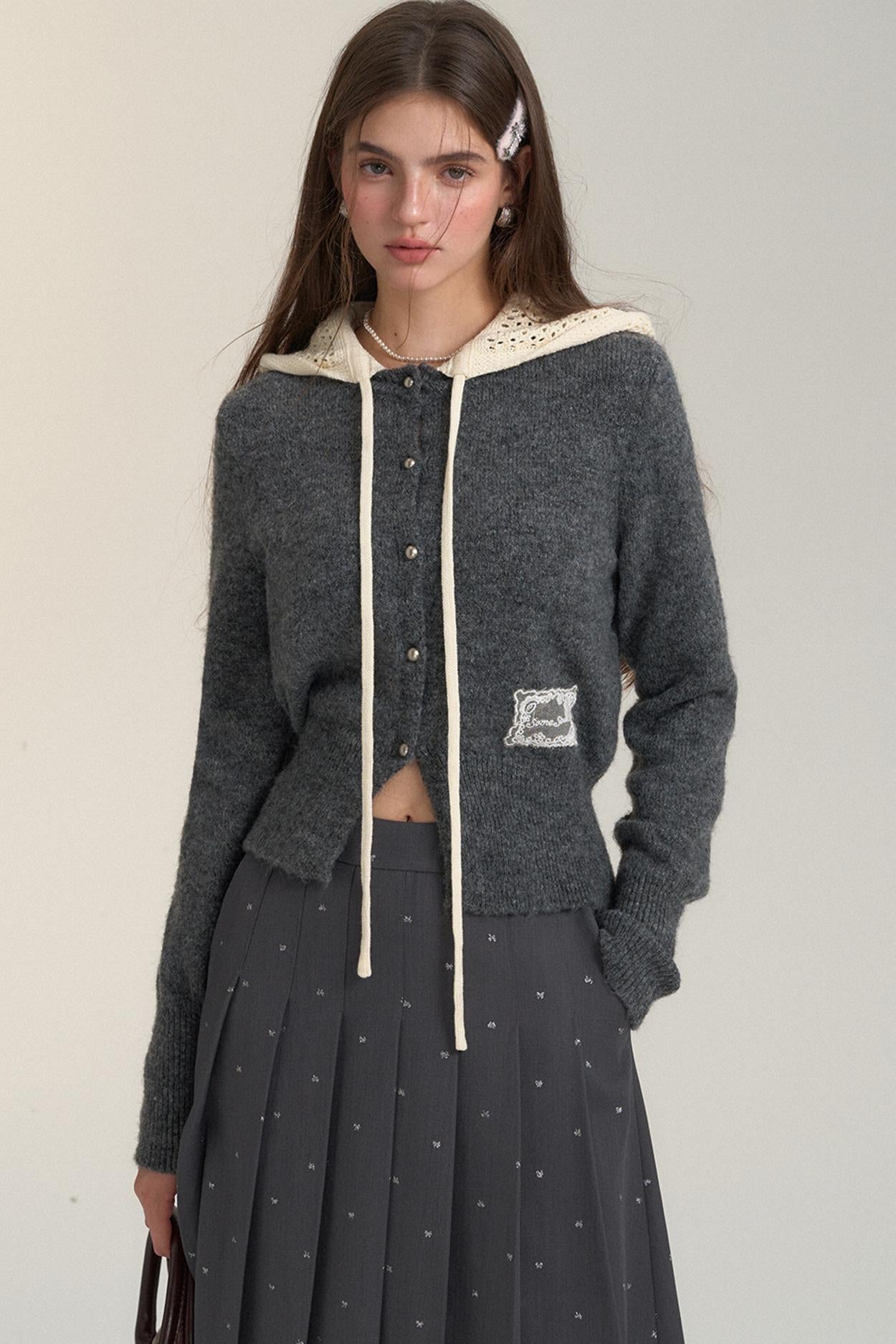 Cut-Out Hooded Knit Cardigan