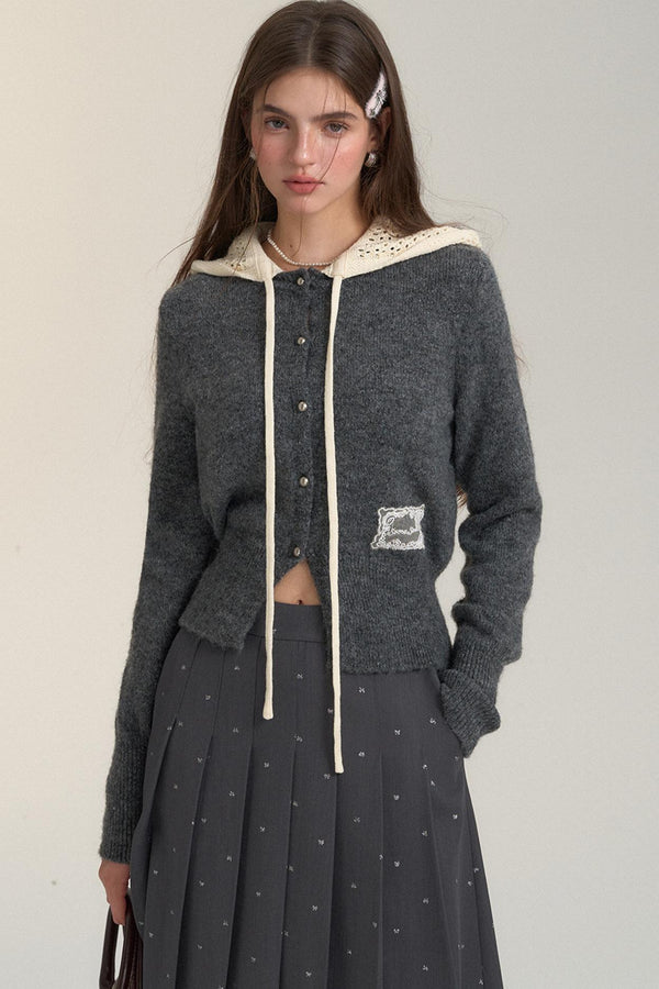 Cut-Out Hooded Knit Cardigan