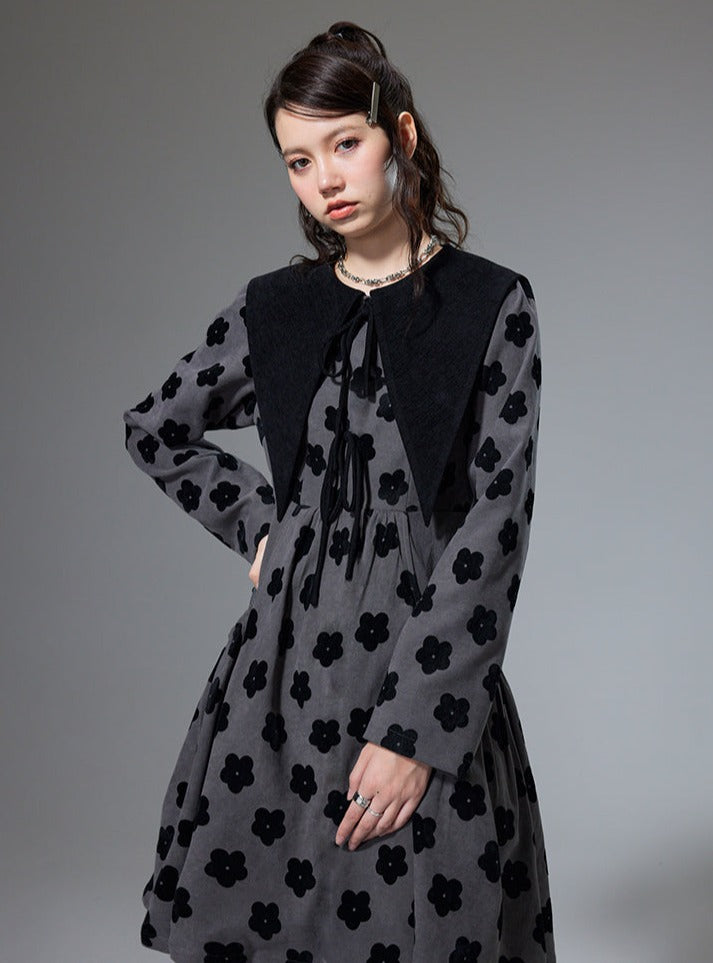 Lapel Waist Flocking Flower Black Dress